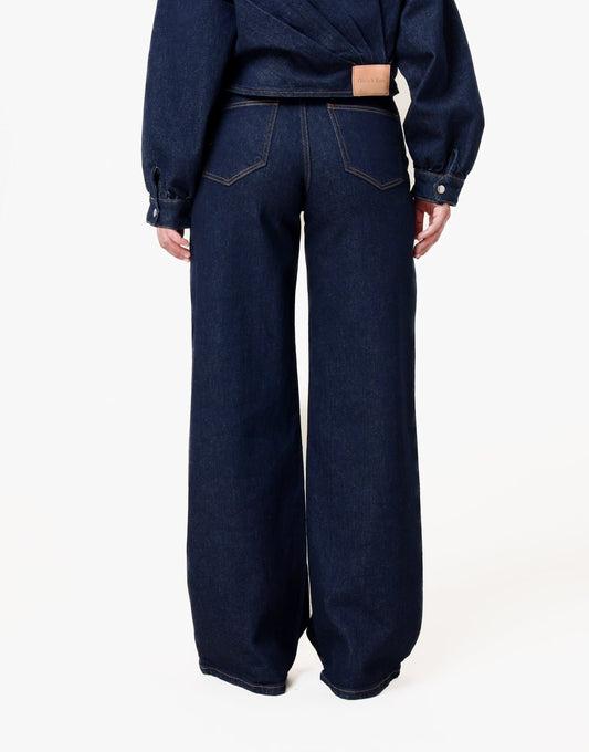 Donkerblauwe Mid Waisted Gestikte Naden - Jeans - Olivia & Kate