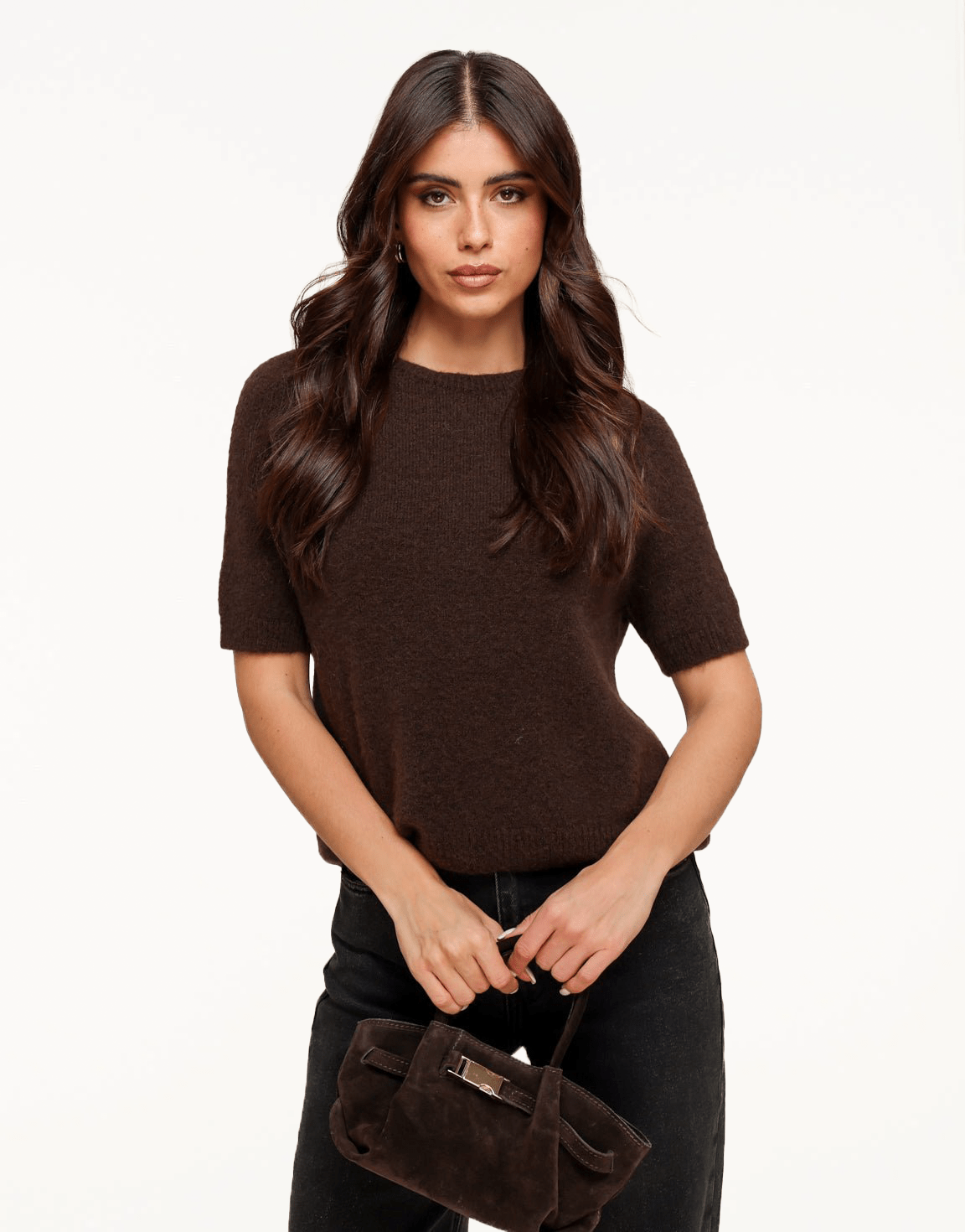 Donkerbruine Basic Fluffy SS - Top - Olivia & Kate