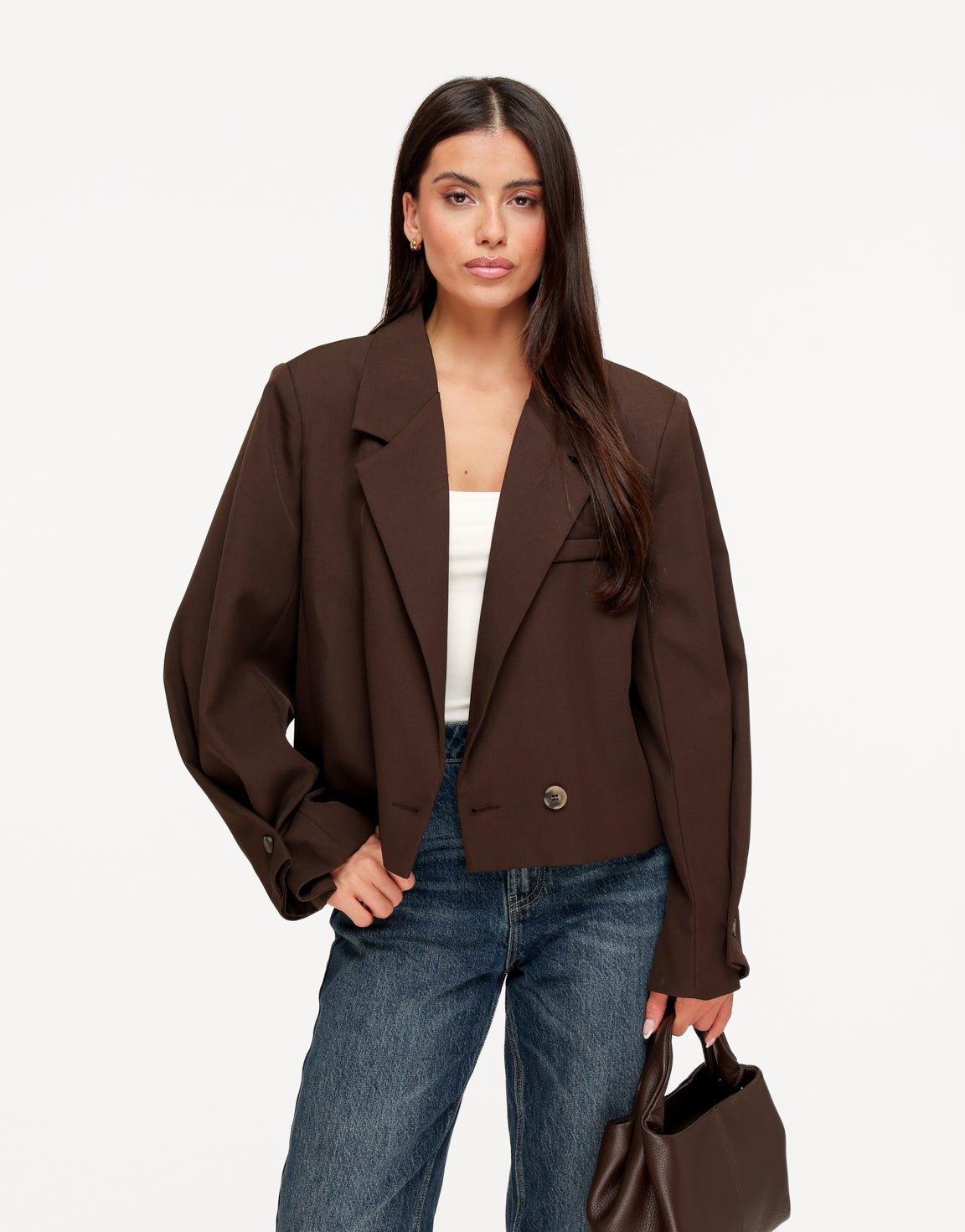 Donkerbruine Cropped Omgeslagen Mouwen - Blazer - Olivia & Kate