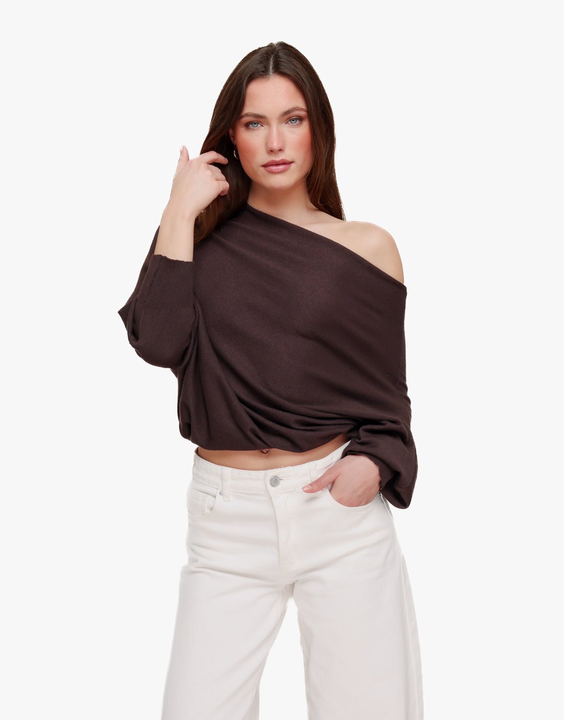 Donkerbruine Gebreide 2 Kanten 3/4 Mouwen - Top - Olivia & Kate