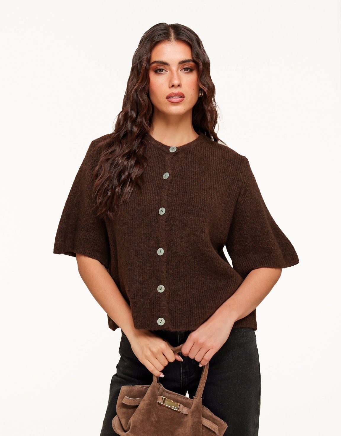 Dark Brown Knitted 3/4 Sleeves - Cardigan - Olivia & Kate
