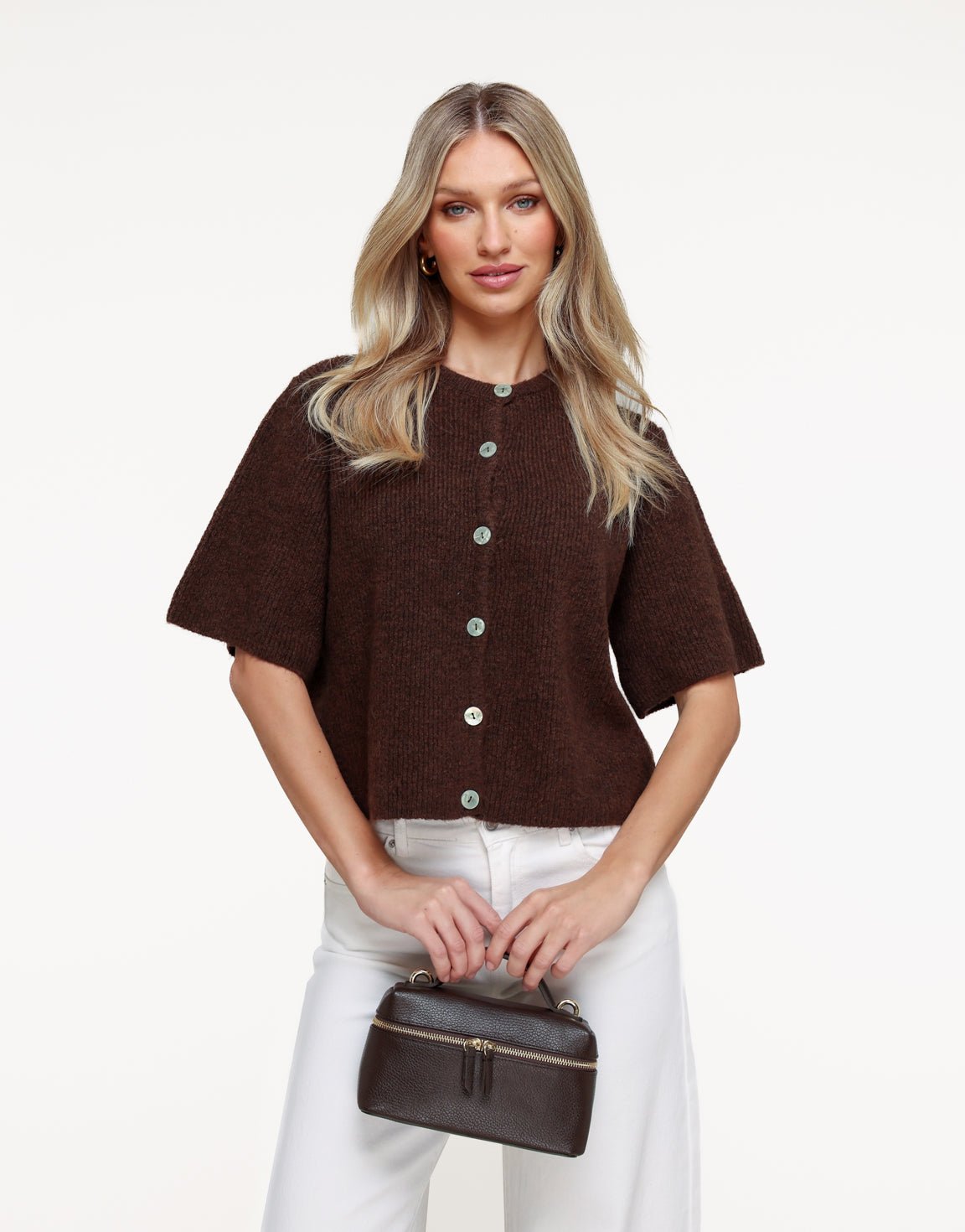 Dark Brown Knitted 3/4 Sleeves - Cardigan - Olivia & Kate