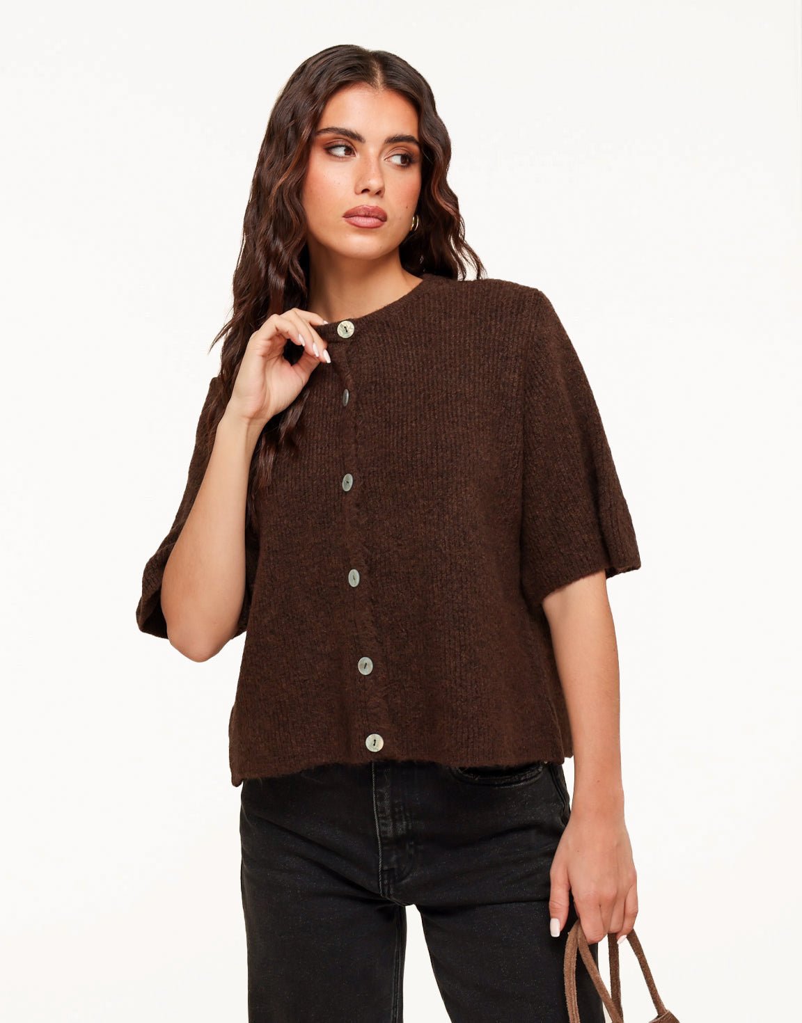 Dark Brown Knitted 3/4 Sleeves - Cardigan - Olivia & Kate
