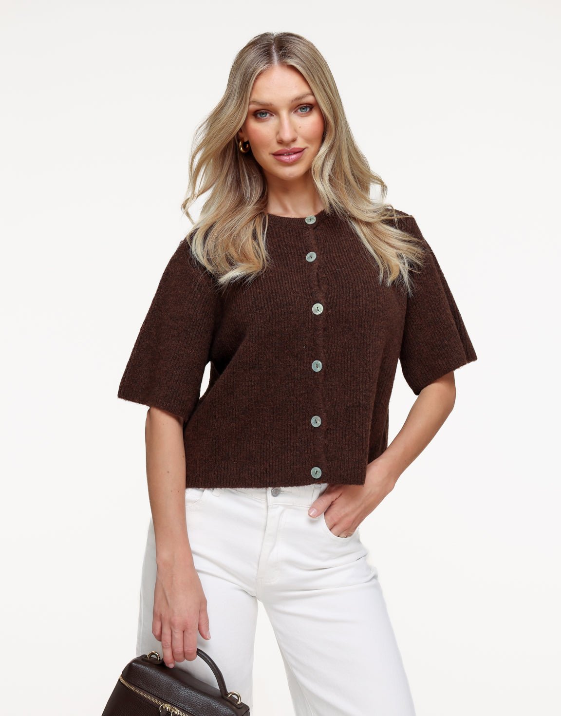 Dark Brown Knitted 3/4 Sleeves - Cardigan - Olivia & Kate