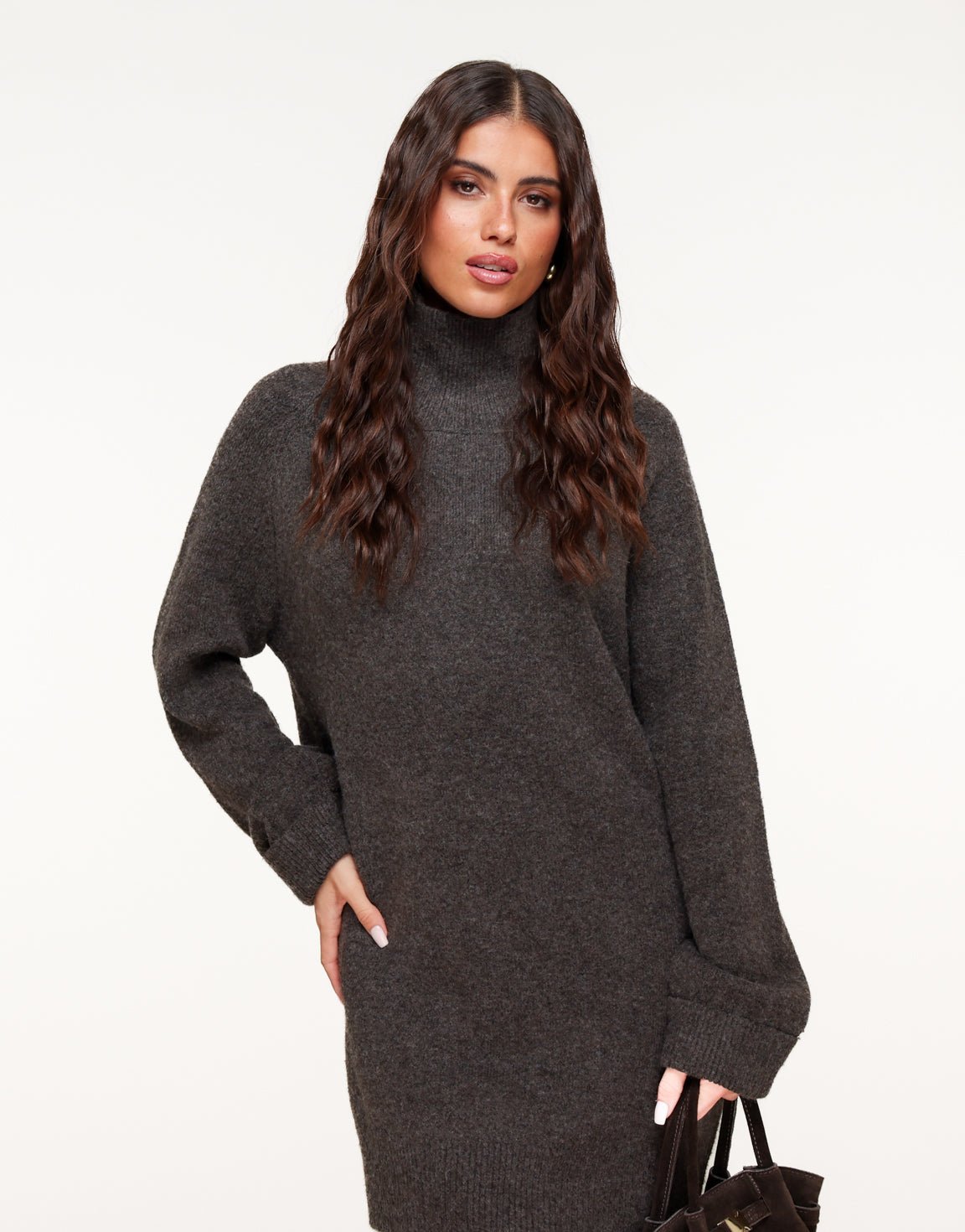 Donkerbruine Gebreide Hoge Kraag - Jurk - Olivia & Kate
