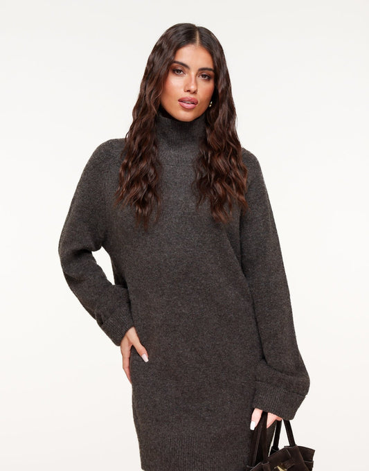 Donkerbruine Gebreide Hoge Kraag - Jurk - Olivia & Kate