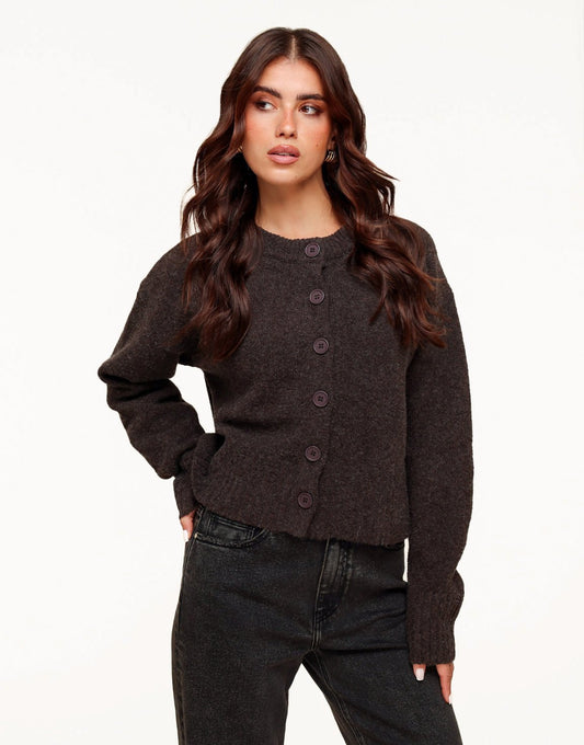 Dark Brown Knitted LS - Cardigan - Olivia & Kate