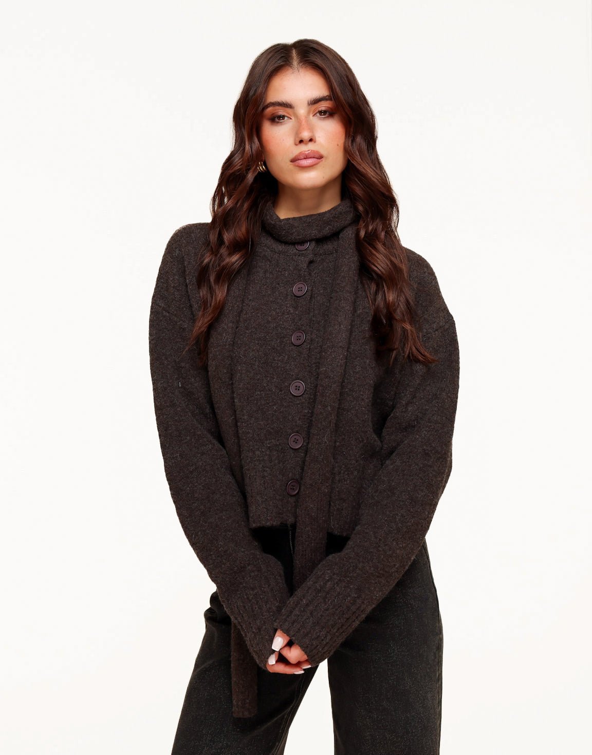 Dark Brown Knitted LS - Cardigan - Olivia & Kate