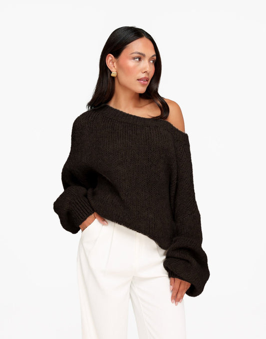 Donkerbruine Gebreide Wollen Off Shoulder - Trui - Olivia & Kate
