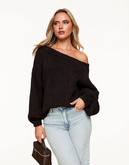 Donkerbruine Gebreide Wollen Off Shoulder - Trui - Olivia & Kate