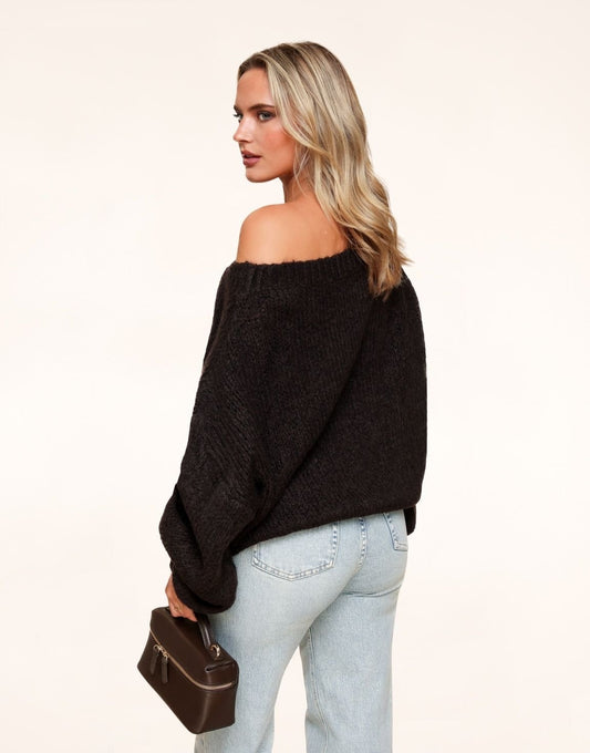Donkerbruine Gebreide Wollen Off Shoulder - Trui - Olivia & Kate