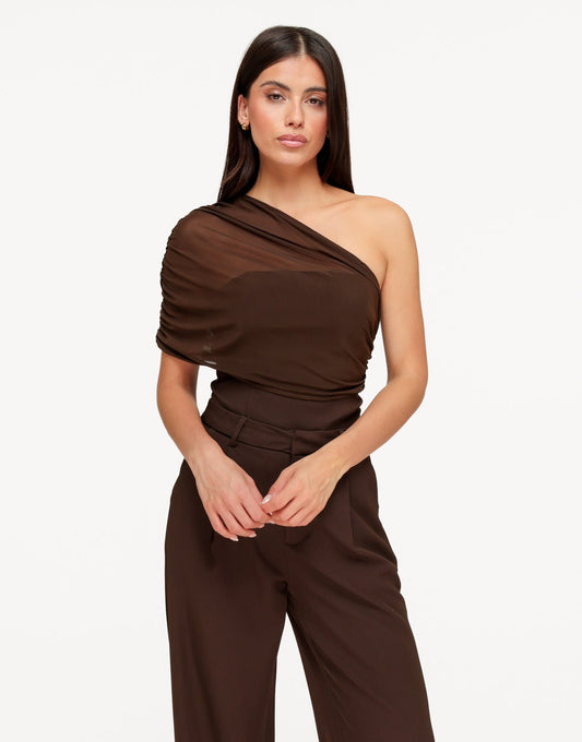 Donkerbruine Gedrapeerde Mesh One Shoulder - Top - Olivia & Kate