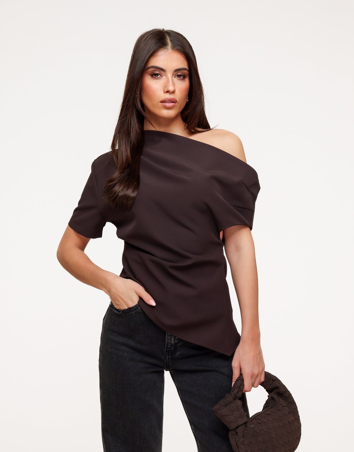 Donkerbruine Gedrapeerde Off Shoulder SS - Top - Olivia & Kate