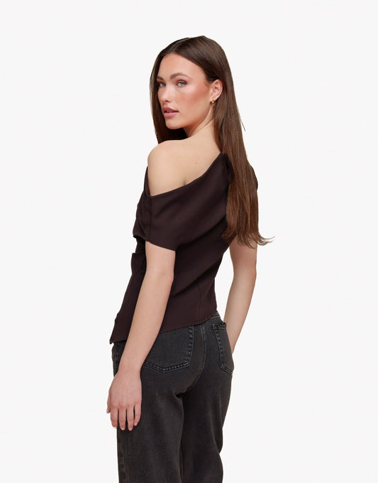 Donkerbruine Gedrapeerde Off Shoulder SS - Top - Olivia & Kate