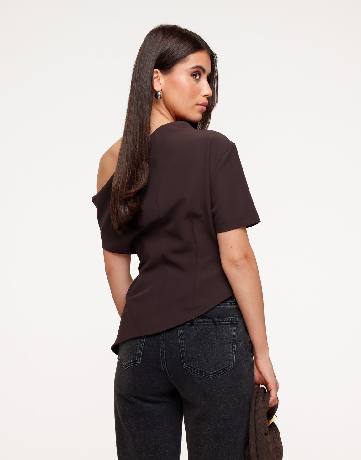 Donkerbruine Gedrapeerde Off Shoulder SS - Top - Olivia & Kate