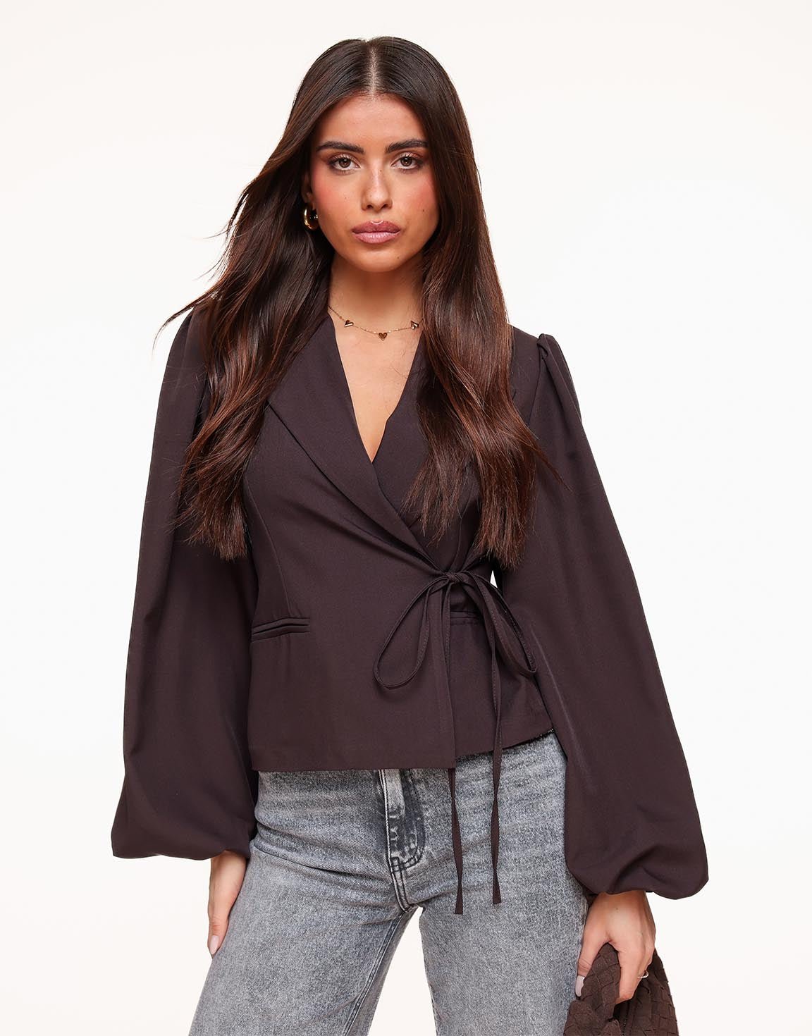 Donkerbruine Gemêleerde Pofmouwen Wikkel - Blazer - Olivia & Kate