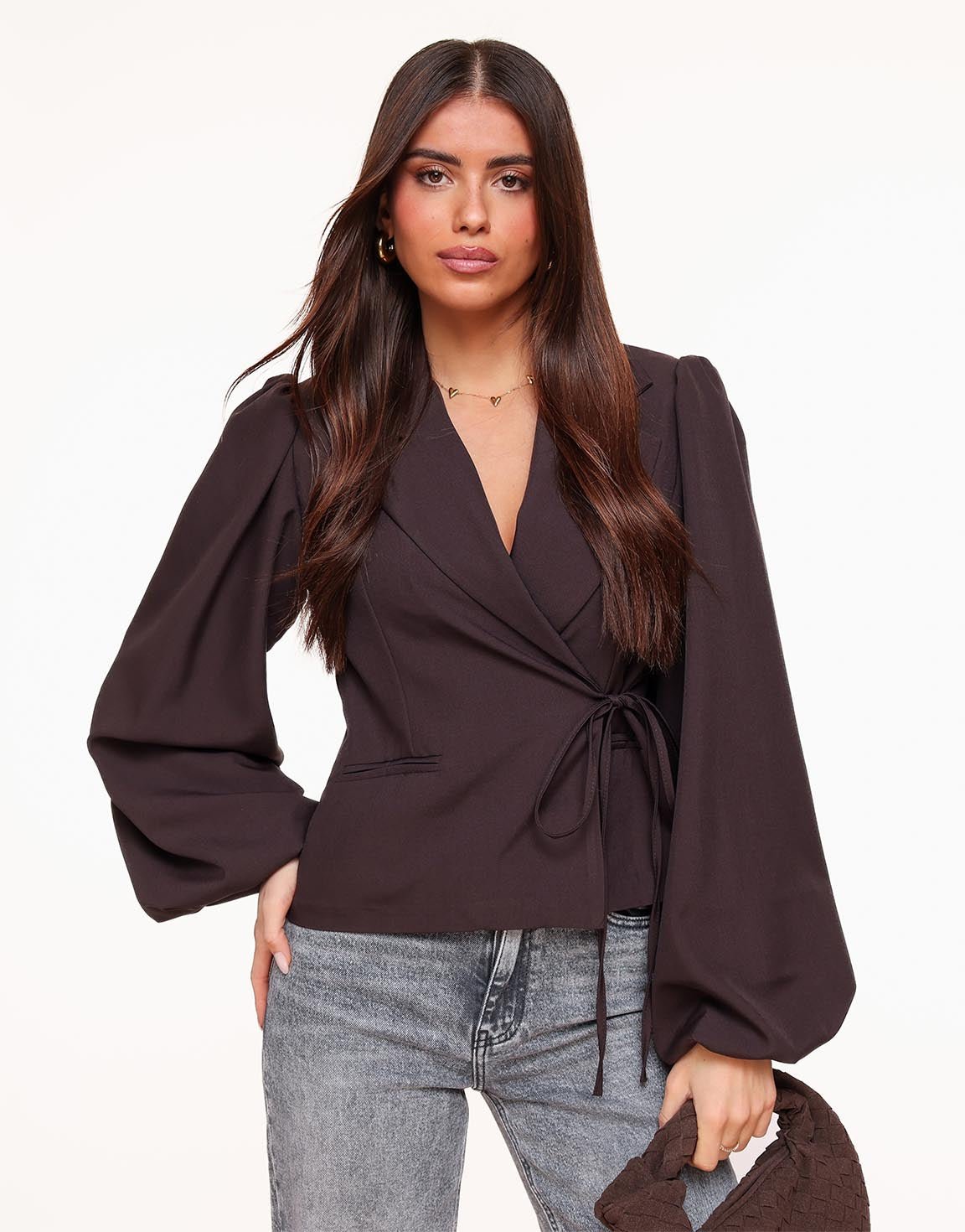 Donkerbruine Gemêleerde Pofmouwen Wikkel - Blazer - Olivia & Kate