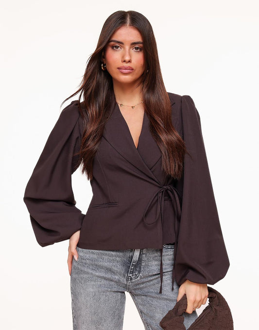 Donkerbruine Gemêleerde Pofmouwen Wikkel - Blazer - Olivia & Kate