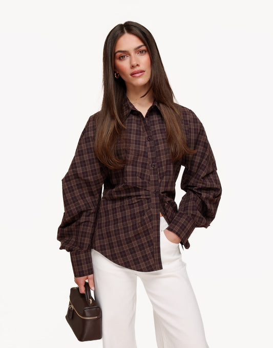 Donkerbruine Getailleerde Ruiten - Blouse - Olivia & Kate