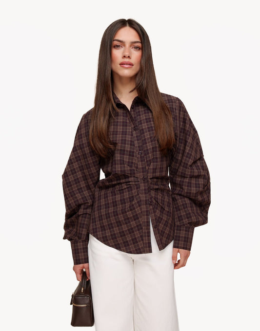 Donkerbruine Getailleerde Ruiten - Blouse - Olivia & Kate