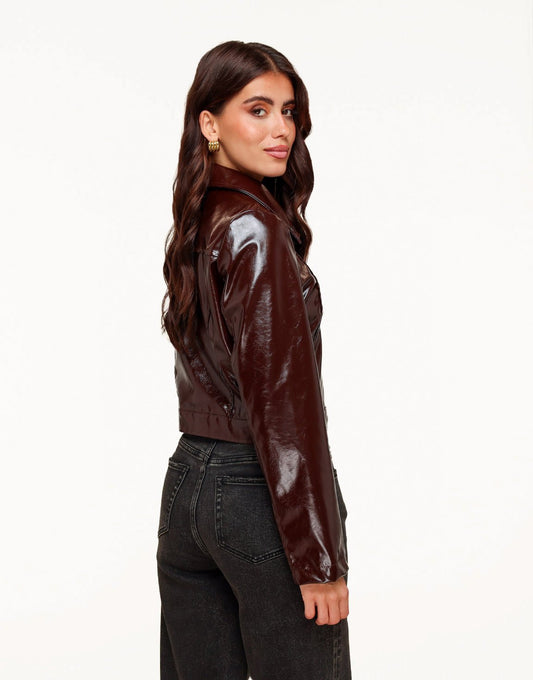 Donkerbruine Glanzende Getailleerde PU Leren - Jas - Olivia & Kate