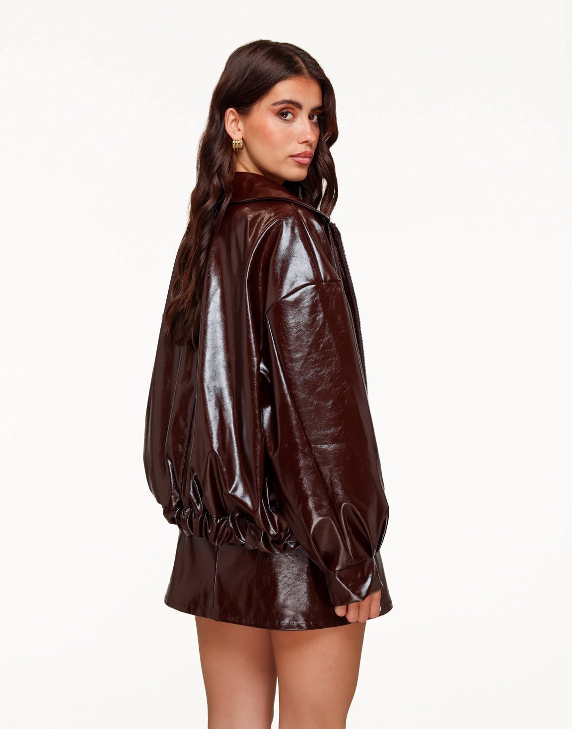 Dark Brown Shiny PU Leather Bomber - Jacket - Olivia & Kate