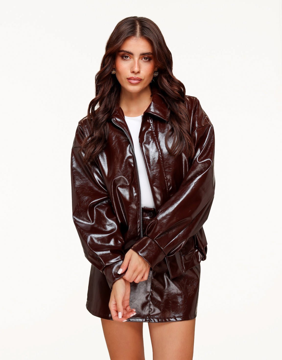 Dark Brown Shiny PU Leather Bomber - Jacket - Olivia & Kate