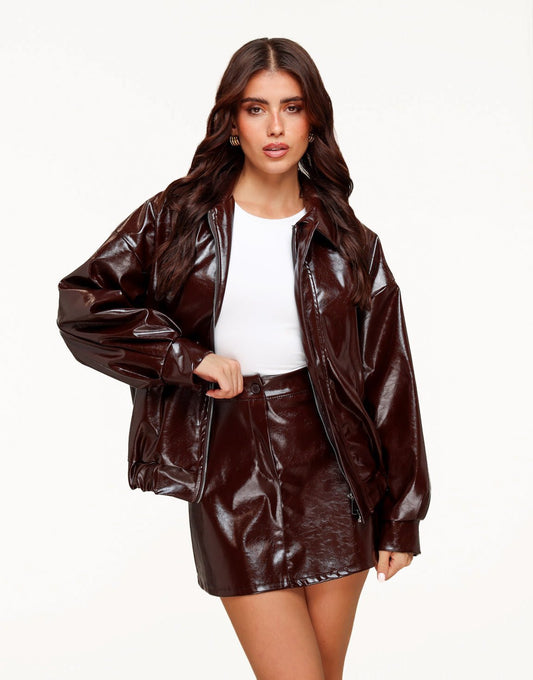 Dark Brown Shiny PU Leather Bomber - Jacket - Olivia & Kate