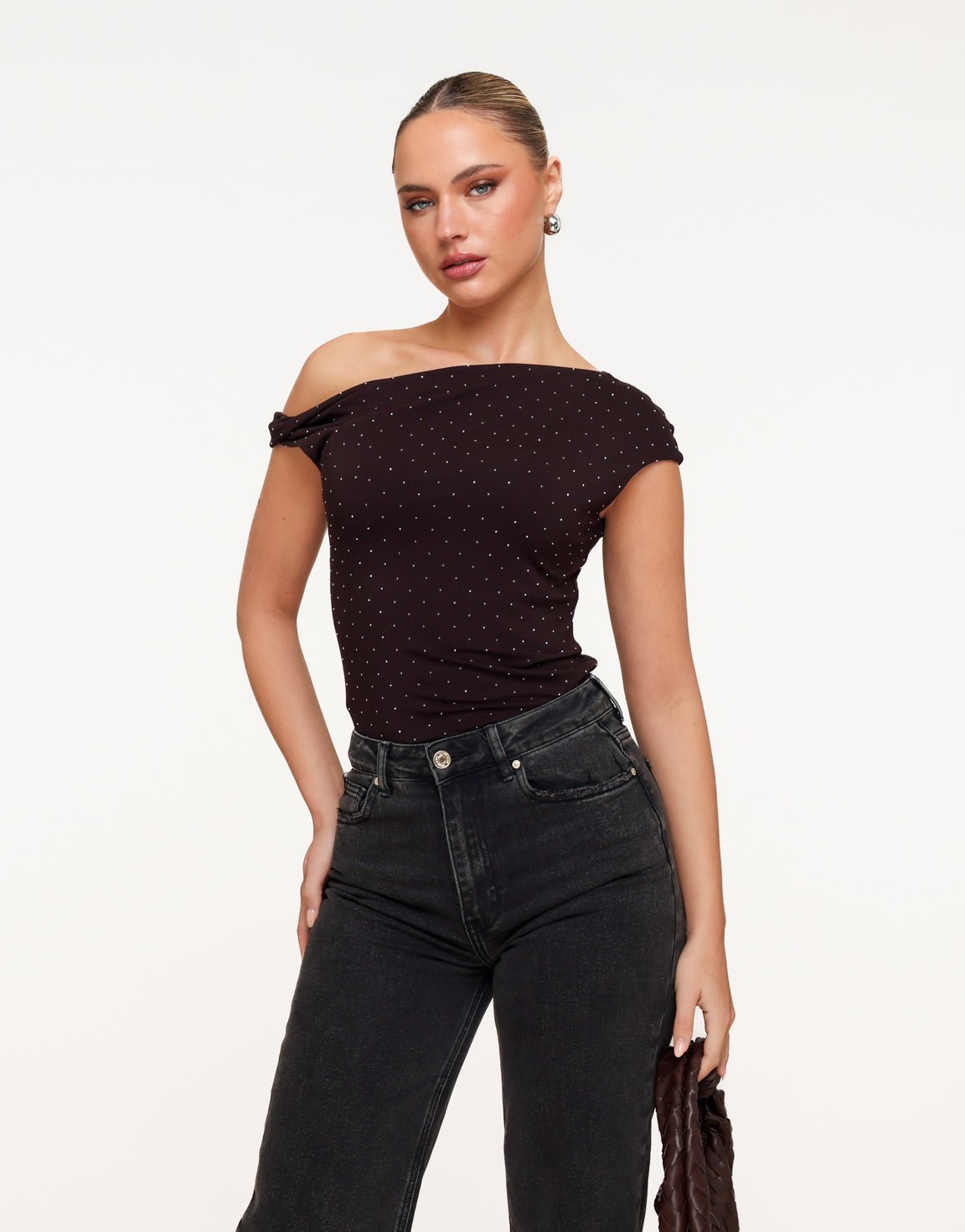 Donkerbruine Glitter One Shoulder - Top - Olivia & Kate