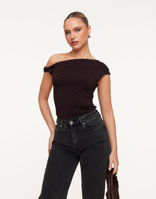 Donkerbruine Glitter One Shoulder - Top - Olivia & Kate
