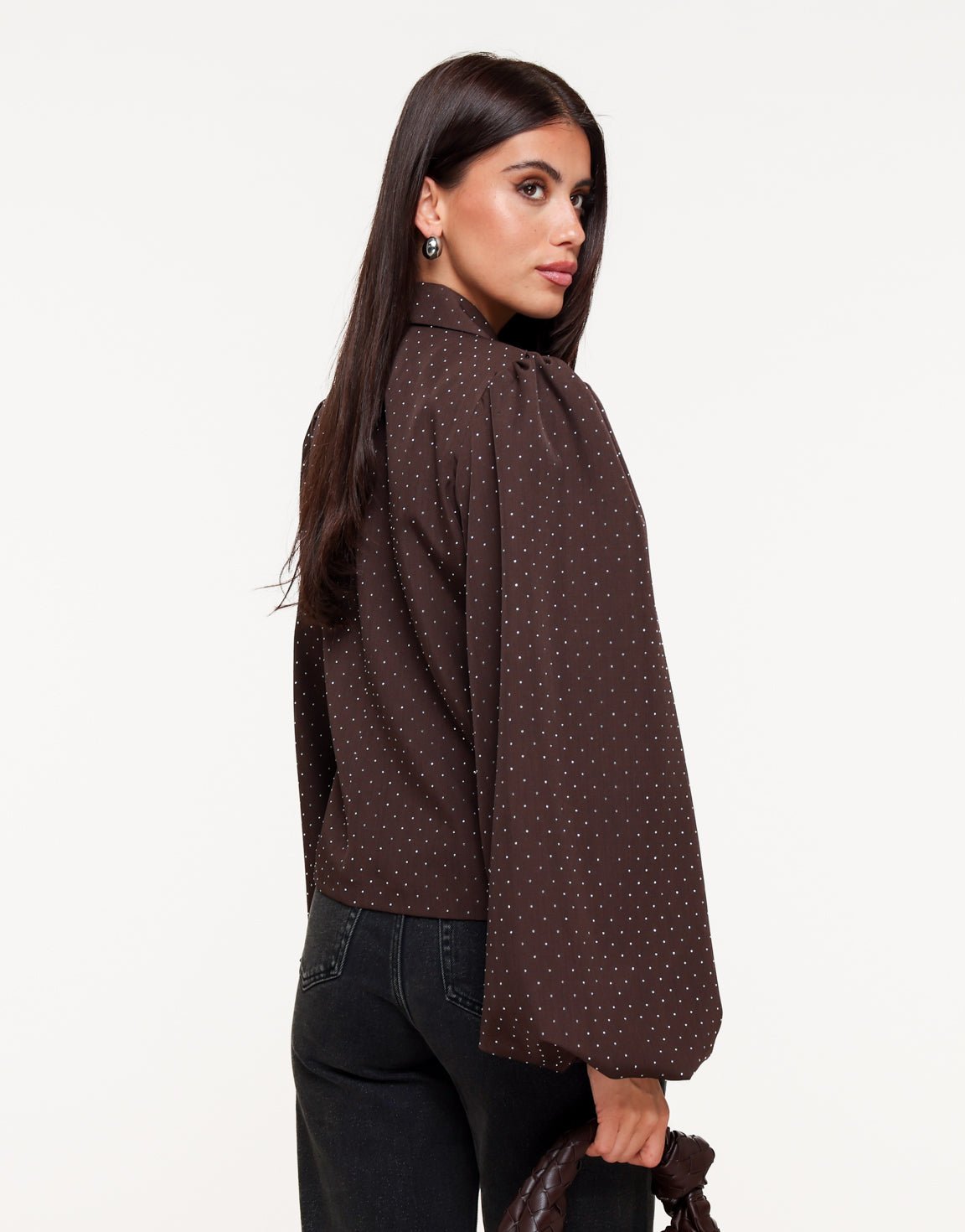 Donkerbruine Glitter Stenen Pofmouwen Wikkel - Blazer - Olivia & Kate