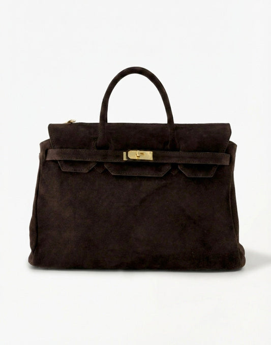 Dark Brown Large Suede Gold Detail - Bag - Olivia & Kate
