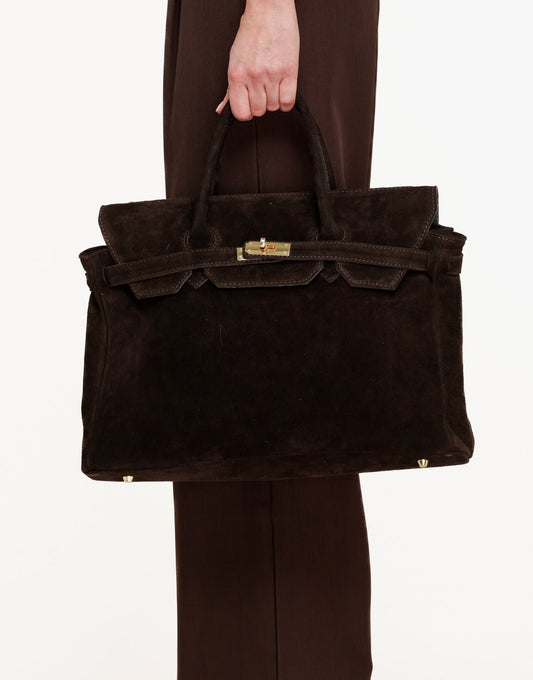 Donkerbruine Grote Suede Gouden Detail - Tas - Olivia & Kate