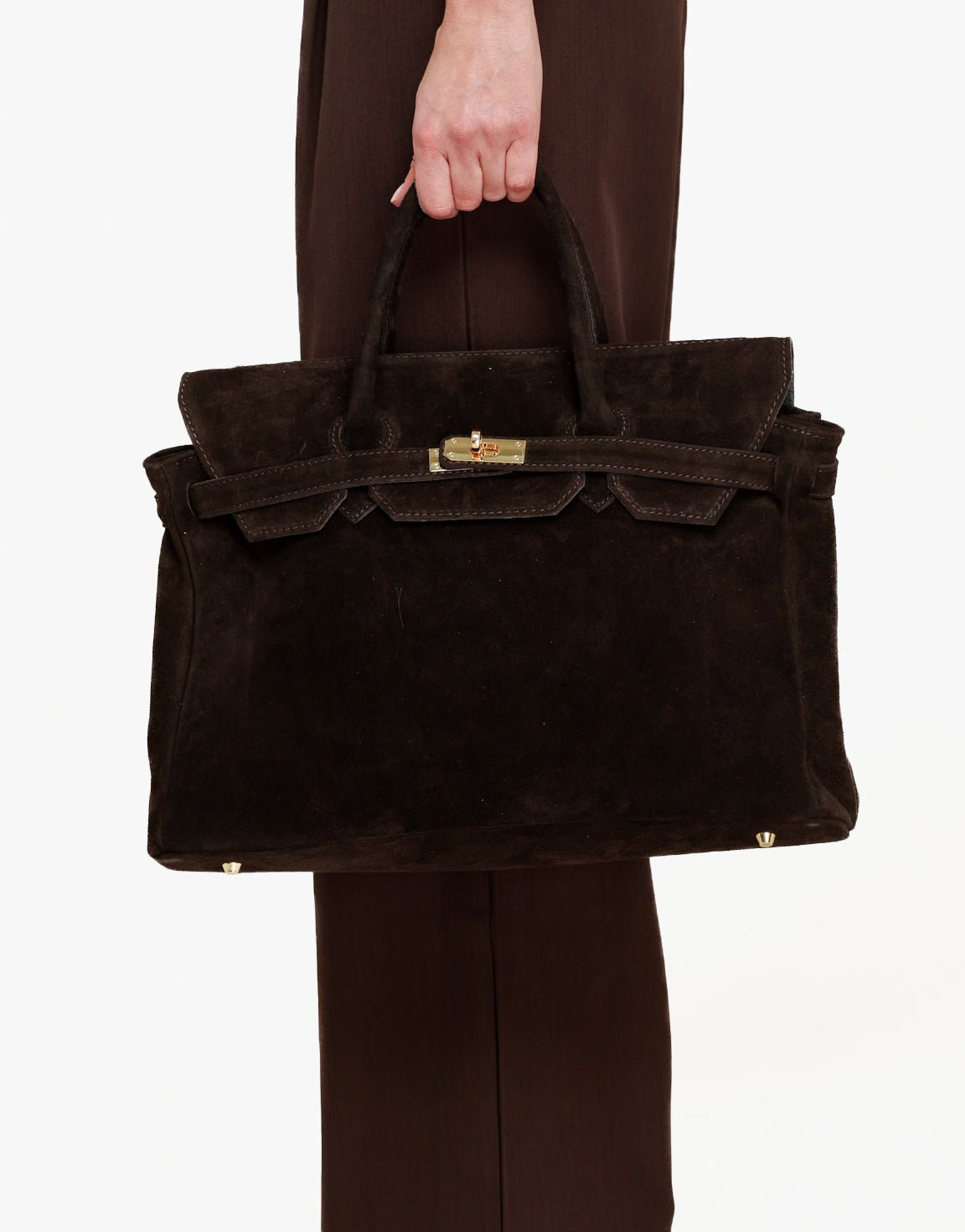Dark Brown Large Suede Gold Detail - Bag - Olivia & Kate