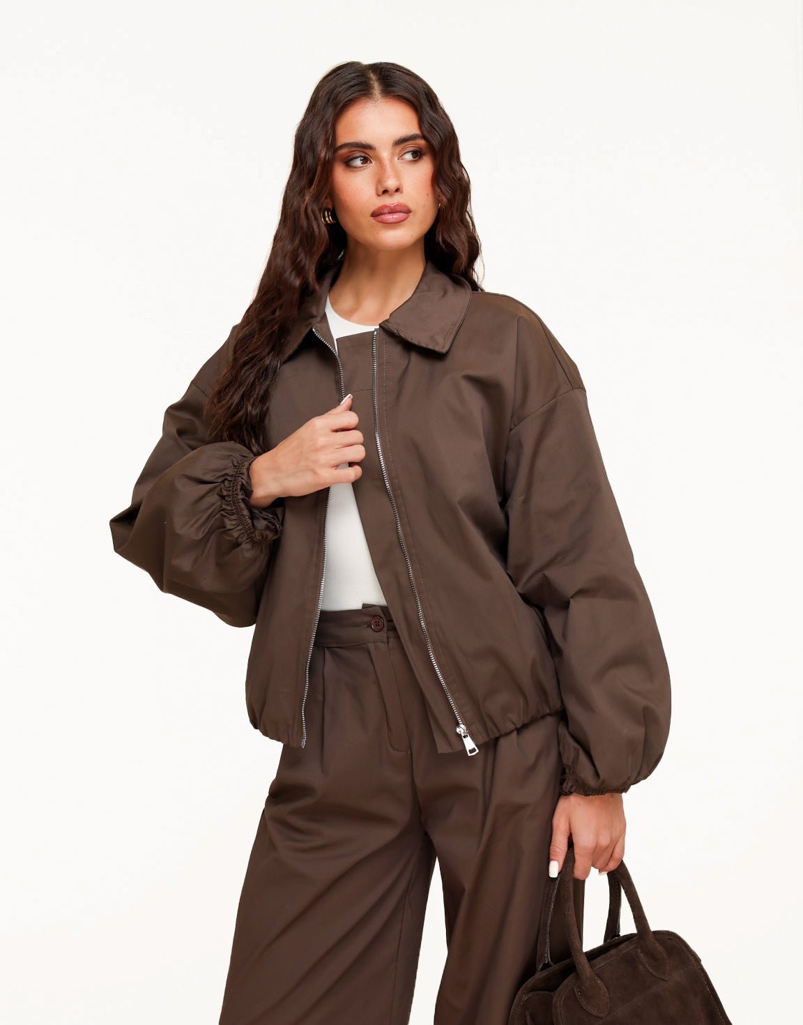 Donkerbruine Hoge Kraag Bomber - Jas - Olivia & Kate