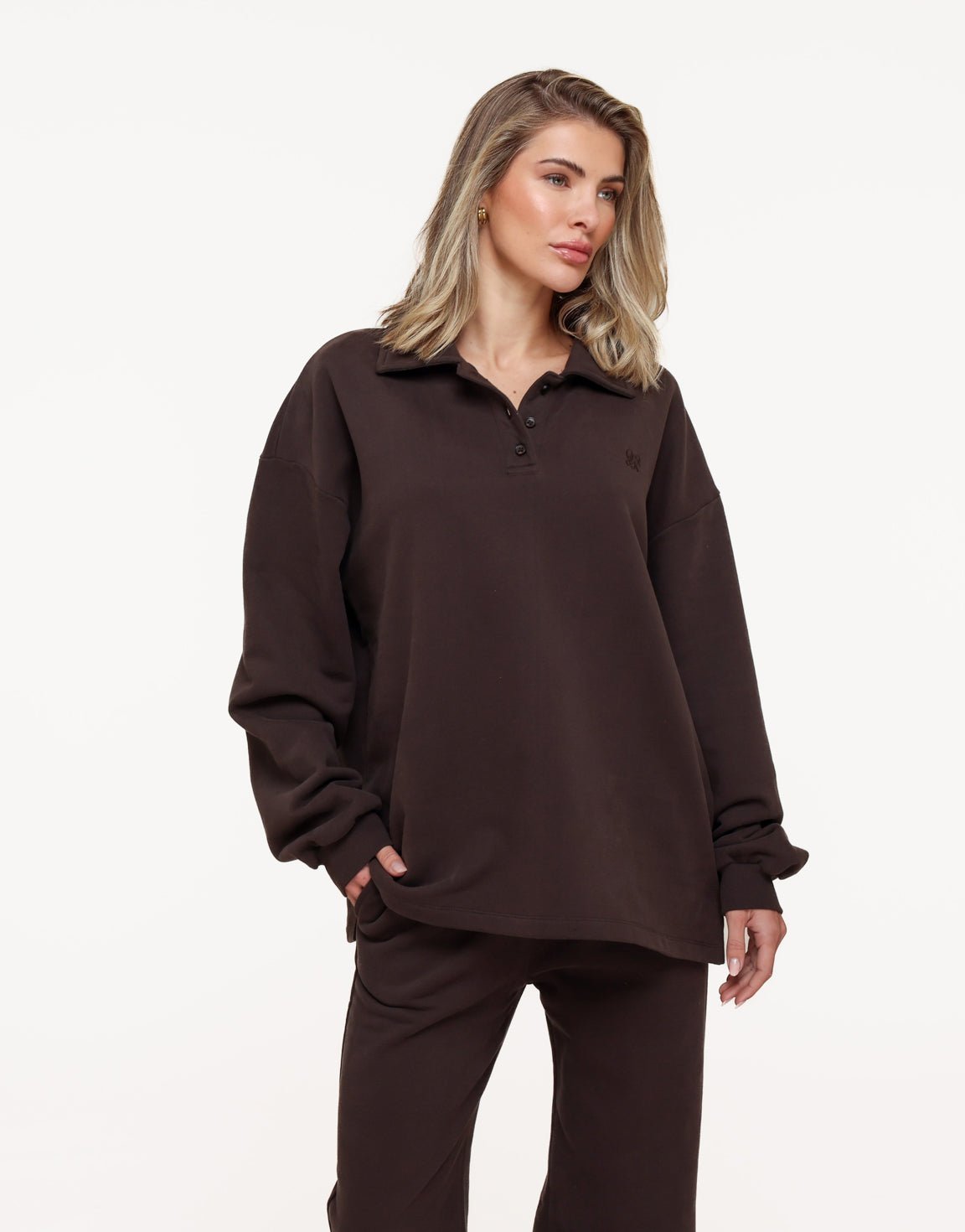 Donkerbruine Knopen LS Jogging - Trui - Olivia & Kate