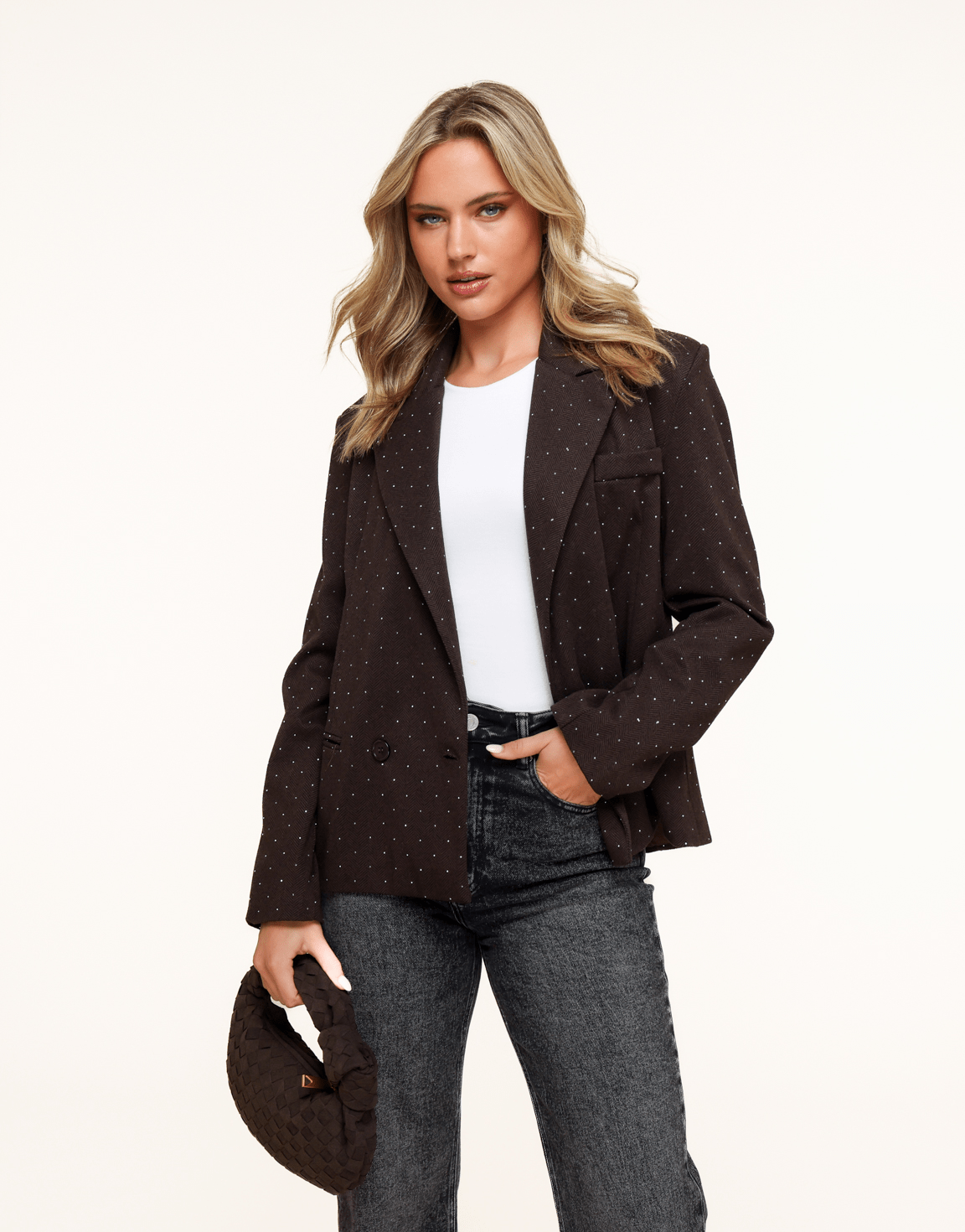 Donkerbruine Korte Ruiten Glitter Stenen - Blazer - Olivia & Kate