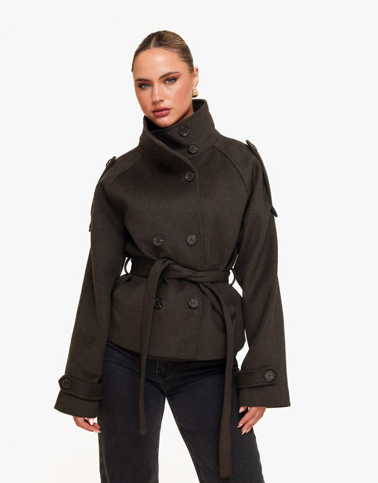 Donkerbruine Korte Wollen Trench - Jas - Olivia & Kate