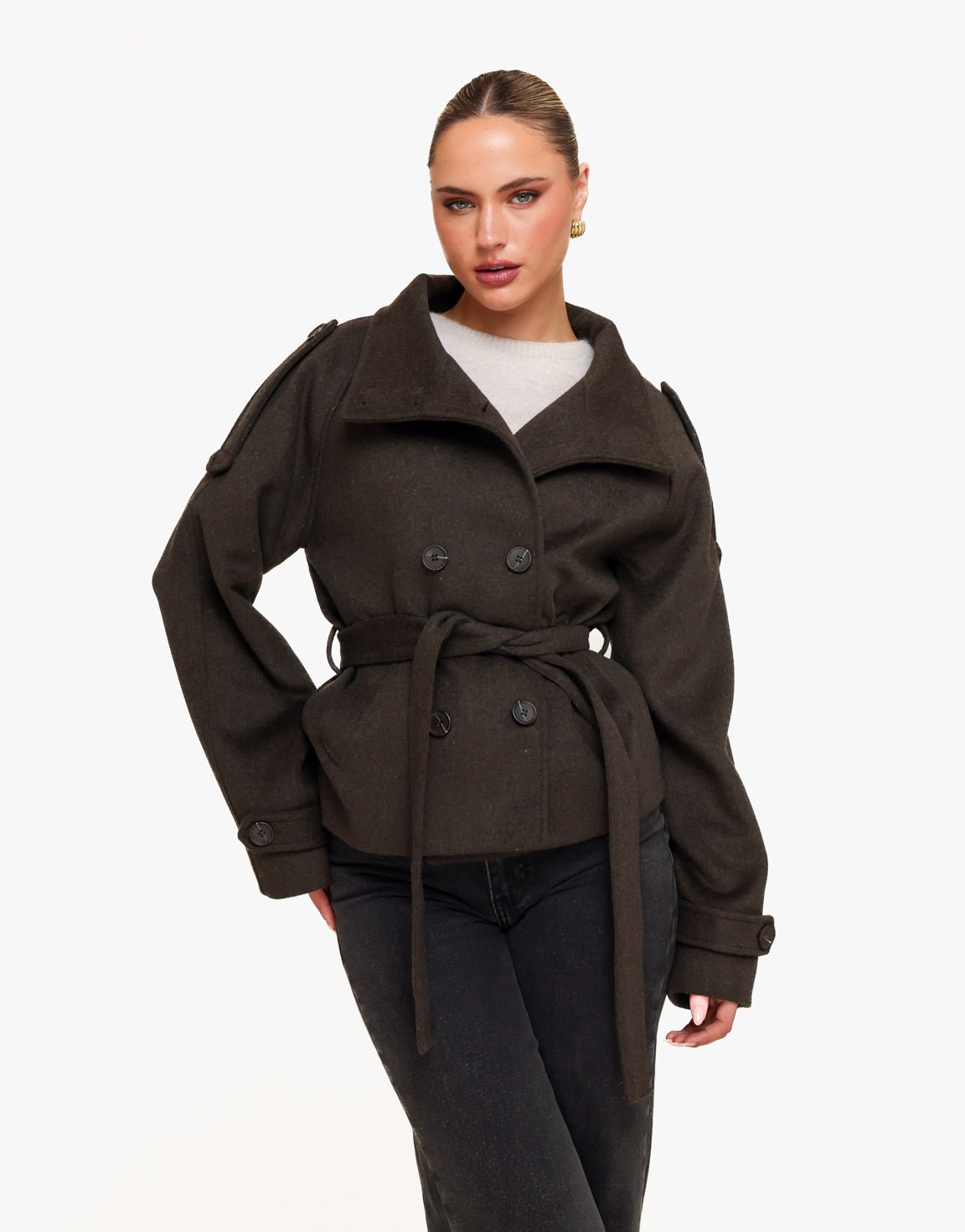 Donkerbruine Korte Wollen Trench - Jas - Olivia & Kate