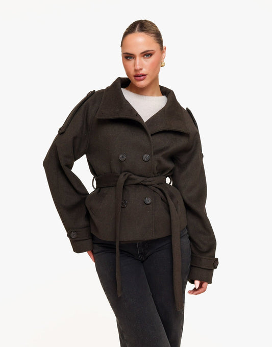 Donkerbruine Korte Wollen Trench - Jas - Olivia & Kate