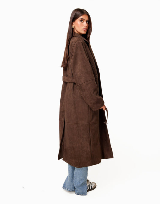 Donkerbruine Lange Suede - Jas - Olivia & Kate