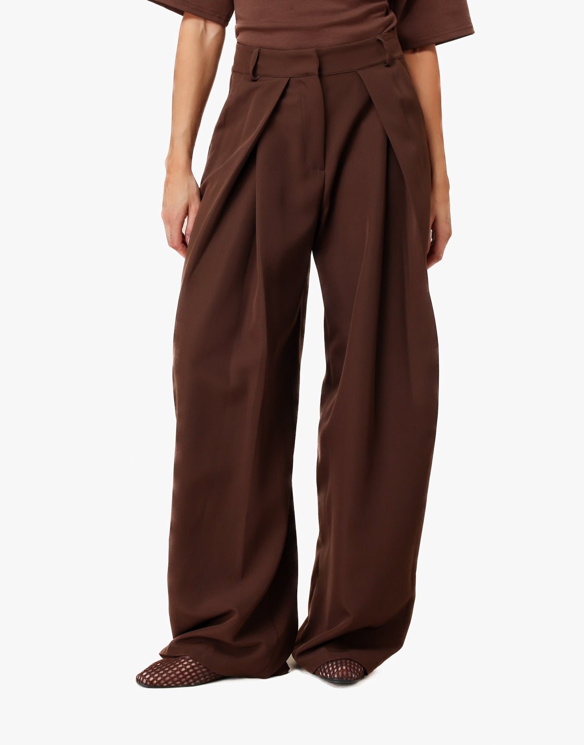 Donkerbruine Lange Wijde Ballon Plooien - Pantalon - Olivia & Kate