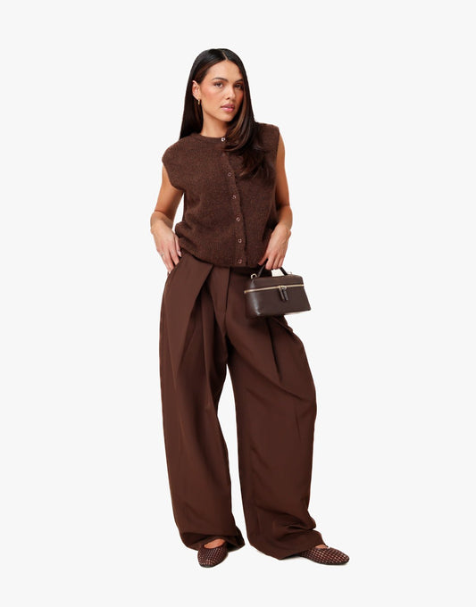 Donkerbruine Lange Wijde Ballon Plooien - Pantalon - Olivia & Kate
