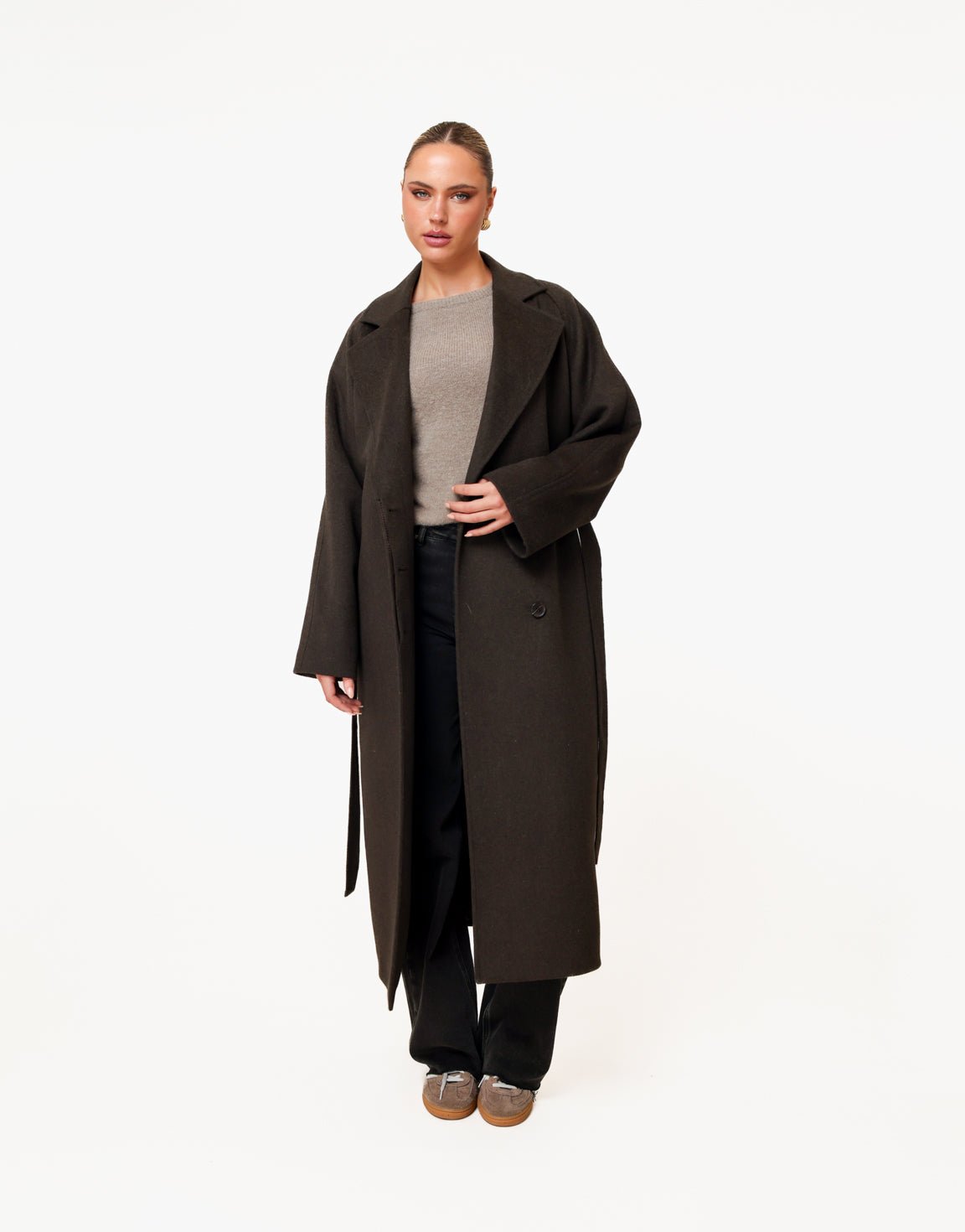 Donkerbruine Lange Wollen Ceintuur - Jas - Olivia & Kate