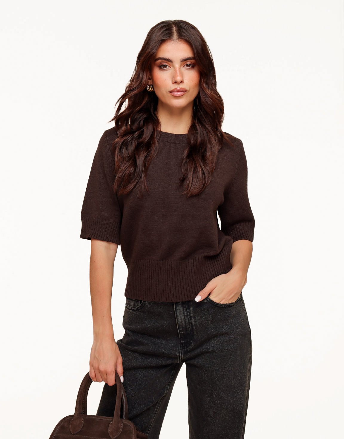 Dark Brown Loose SS - Sweater - Olivia & Kate
