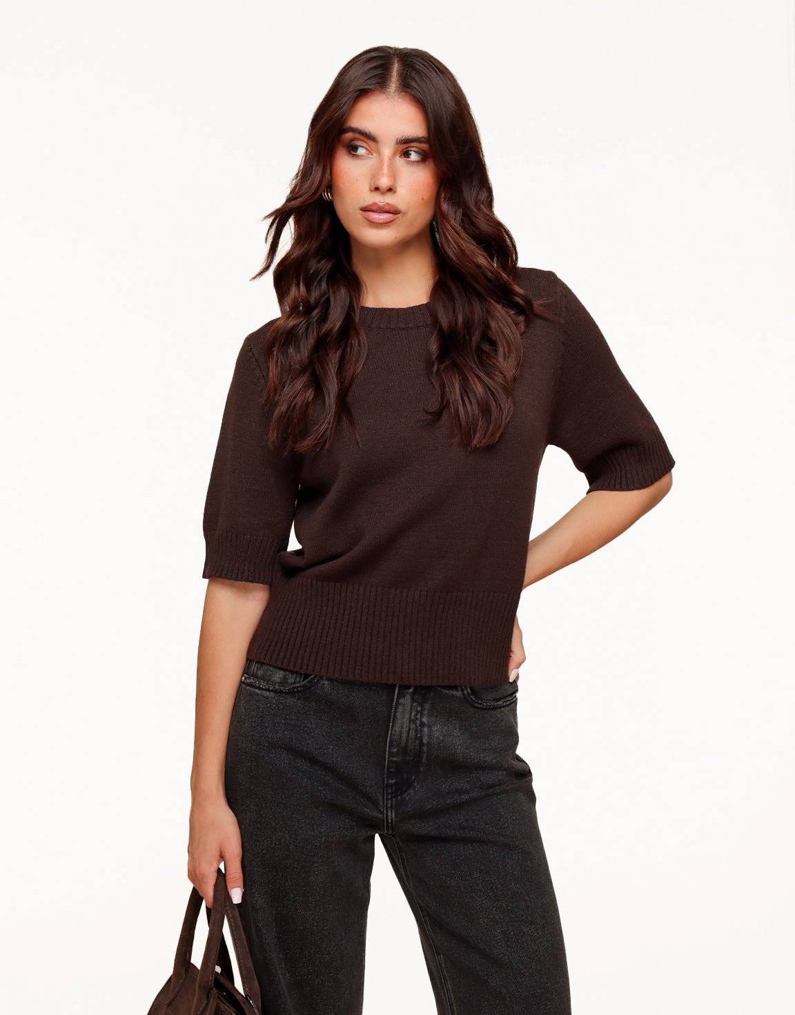 Dark Brown Loose SS - Sweater - Olivia & Kate