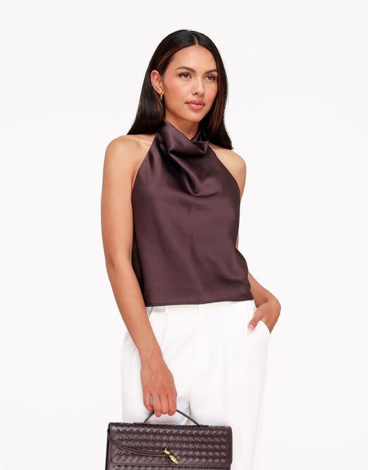 Donkerbruine Mouwloze Satijnen Hals - Top - Olivia & Kate
