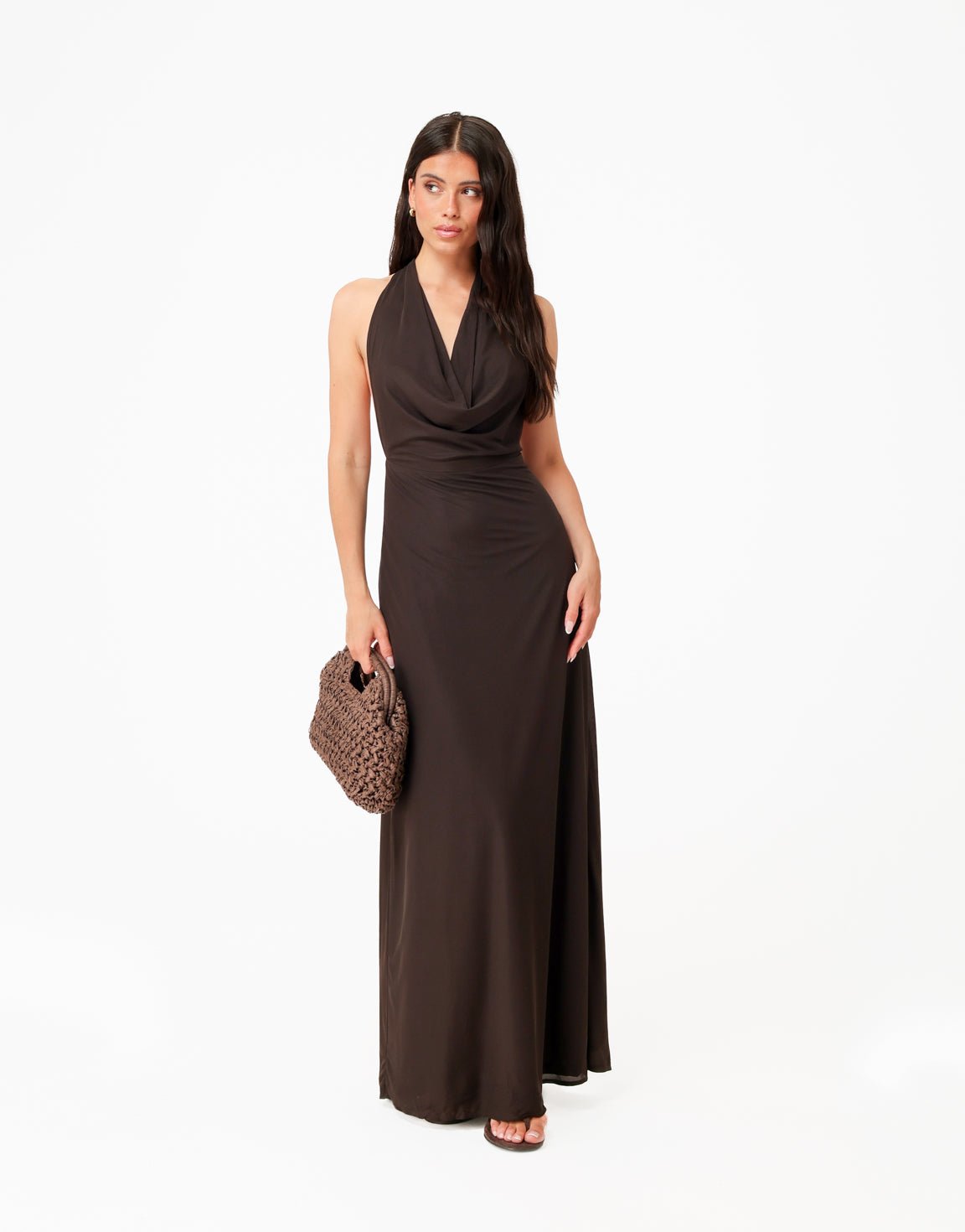 Donkerbruine Open Halter Lange - Jurk - Olivia & Kate
