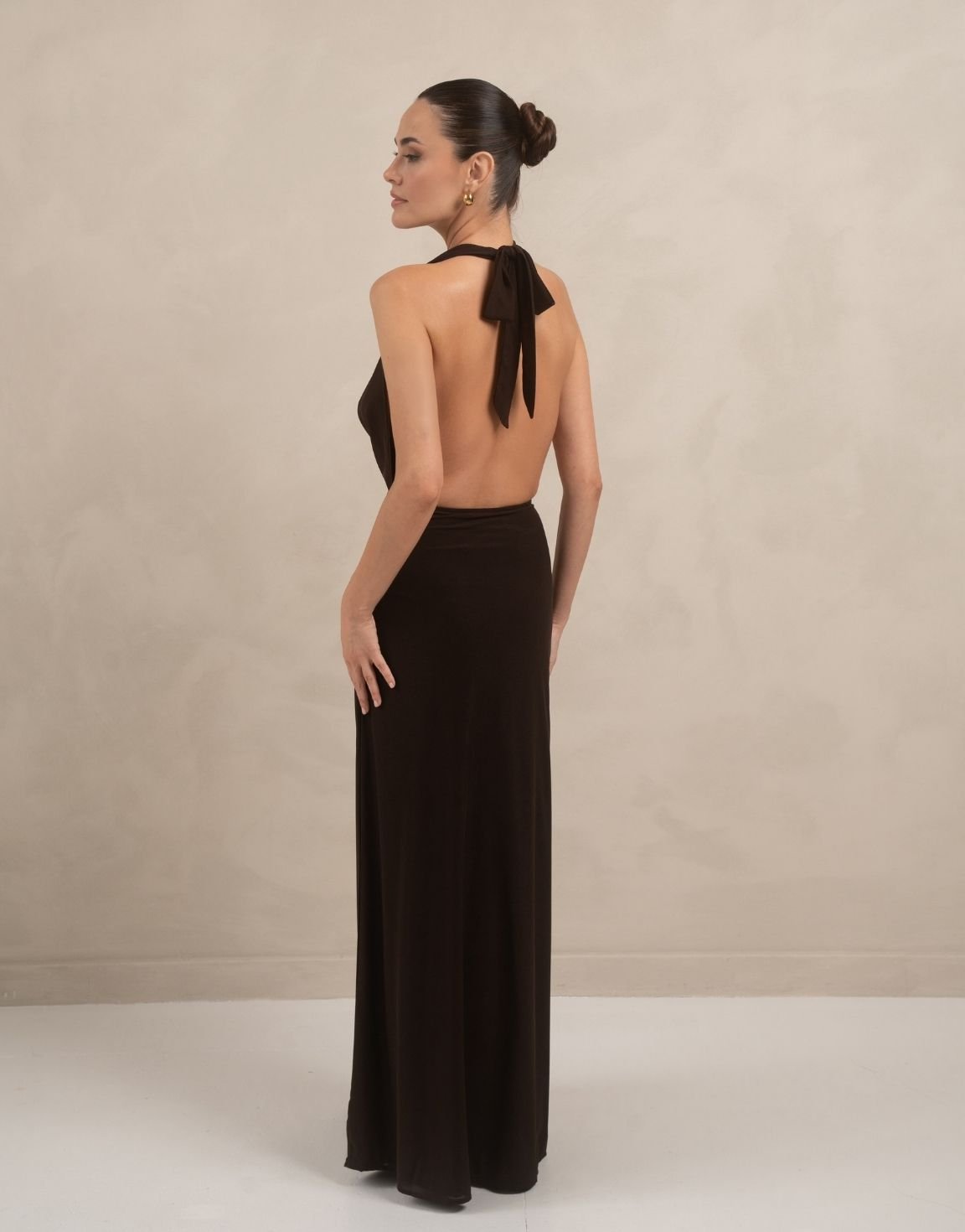 Donkerbruine Open Halter Lange - Jurk - Olivia & Kate