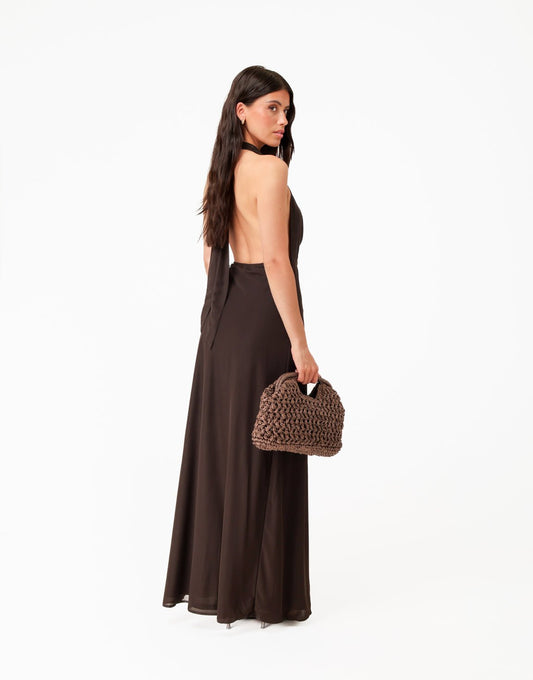 Donkerbruine Open Halter Lange - Jurk - Olivia & Kate